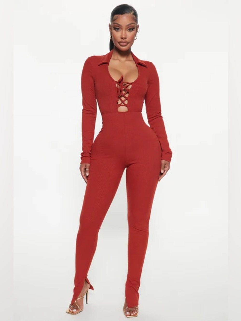 Fashion Nova Lace-Up Ribbed Long Sleeve Jumpsuit in Brick Red
